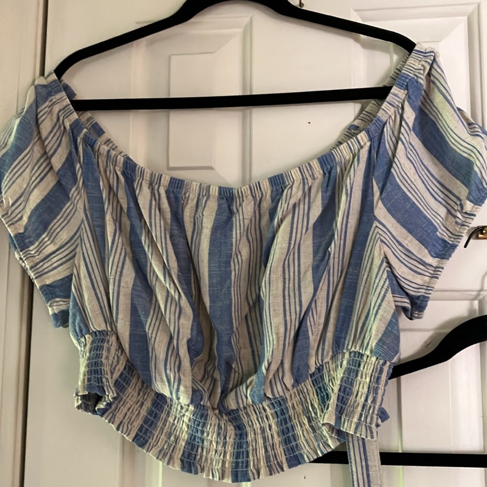 2 Torrid Size 1 (14-16) Linen Blue & Lt Grey Striped Tops, Off Shoulder & Tank - Picture 2 of 11